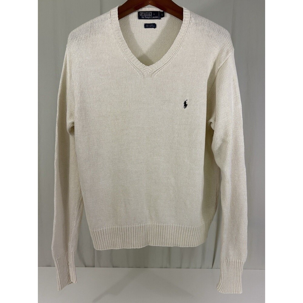 VTG Polo Ralph Lauren Men's Cream V-Neck Knit Preppy Sweater Size L